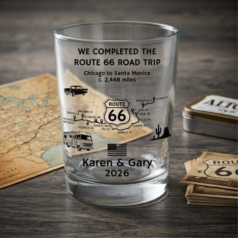 A clear glass shot tumbler with black printed Route 66 travel-themed text and illustrations, including a map, camper van, truck, cactus, and the names 'Karen & Gary' with '2026'. The glass is photographed on a dark wood surface with a vintage map, a metal tin, and a stack of Route 66 cards around it.