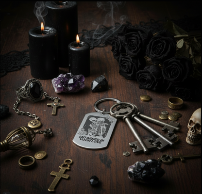Entwined in Your Love Stainless Steel Keyring – Romantic Skeleton Keychain – Unique Couple Gift, Gothic Love Accessory, Laser Engraved Metal Keyring