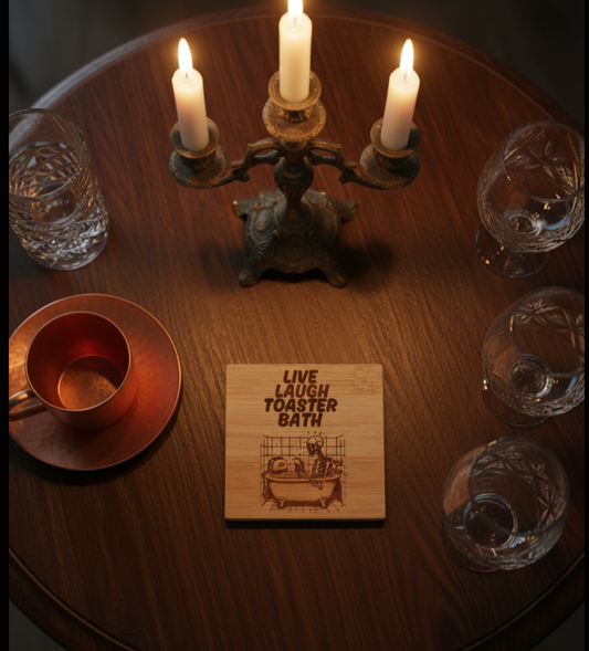 Live Laugh Toaster Bath Bamboo Coaster – Laser Engraved Dark Humor Coaster with Skeleton in Bathtub – Funny Goth Gift, Emo Decor, Sarcastic Drink Coaster