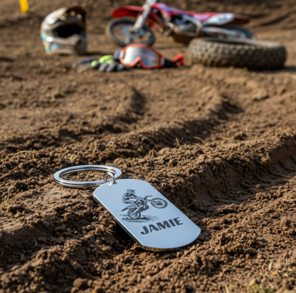 Personalised Motocross MX Keyring – Custom Stainless Steel Keychain with Motocross Rider Design – Add Name & Message on Back – Gift for Dirt Bike Riders & Fans