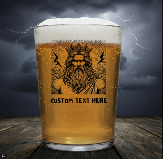 Custom Zeus Pint Glass – Greek Mythology Beer Glass with Lightning Bolt & Crown Design