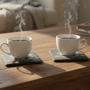 Personalised slate coasters with engraved GPS coordinates and custom names - wedding engagement gift