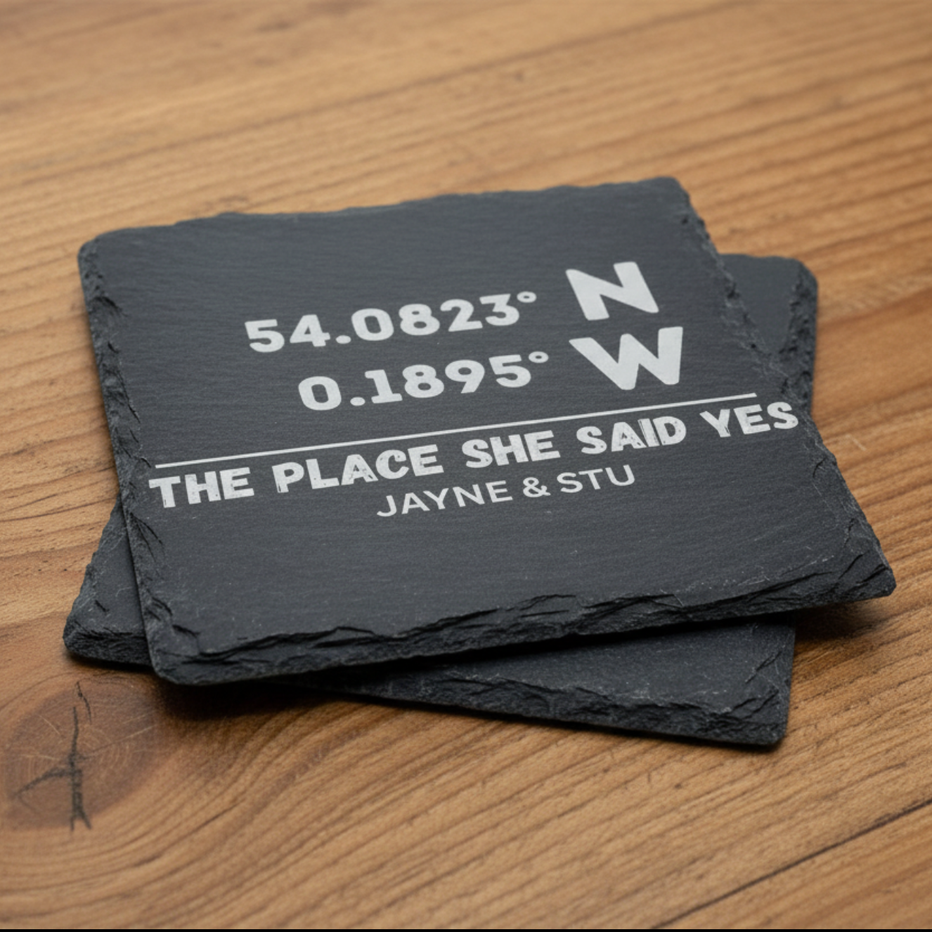 Personalised slate coasters with engraved GPS coordinates and custom names - wedding engagement gift