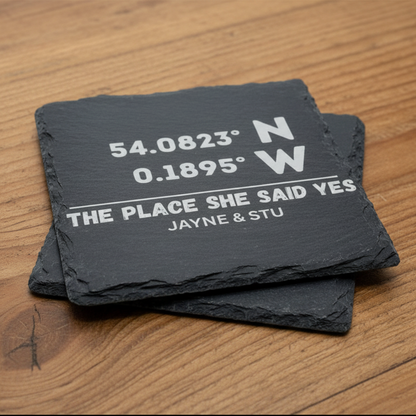 Personalised slate coasters with engraved GPS coordinates and custom names - wedding engagement gift