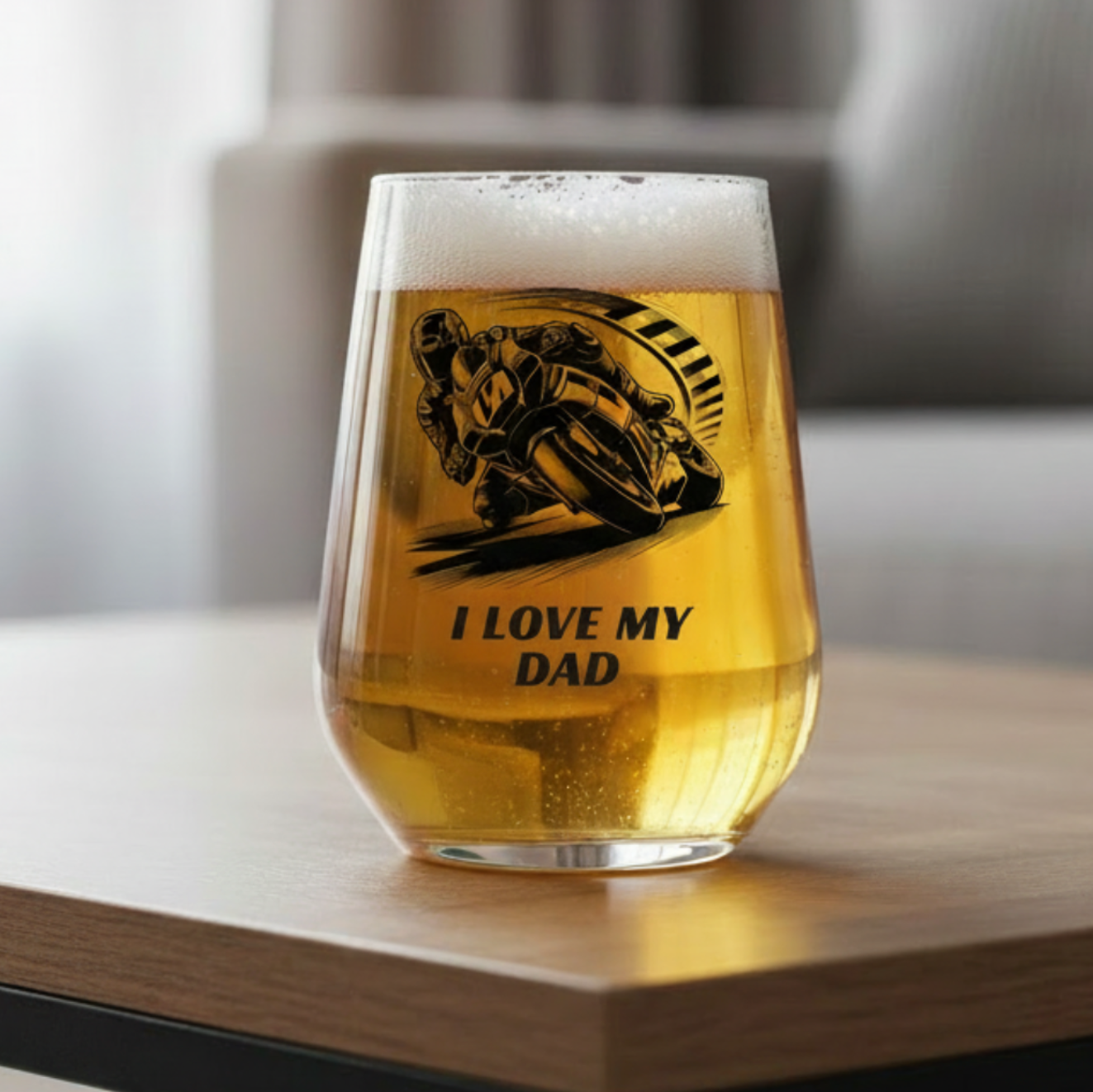 Personalised 'I Love My Dad' beer glass featuring motorbike racer illustration in high-speed action pose with speed lines, filled with golden ale and foamy head