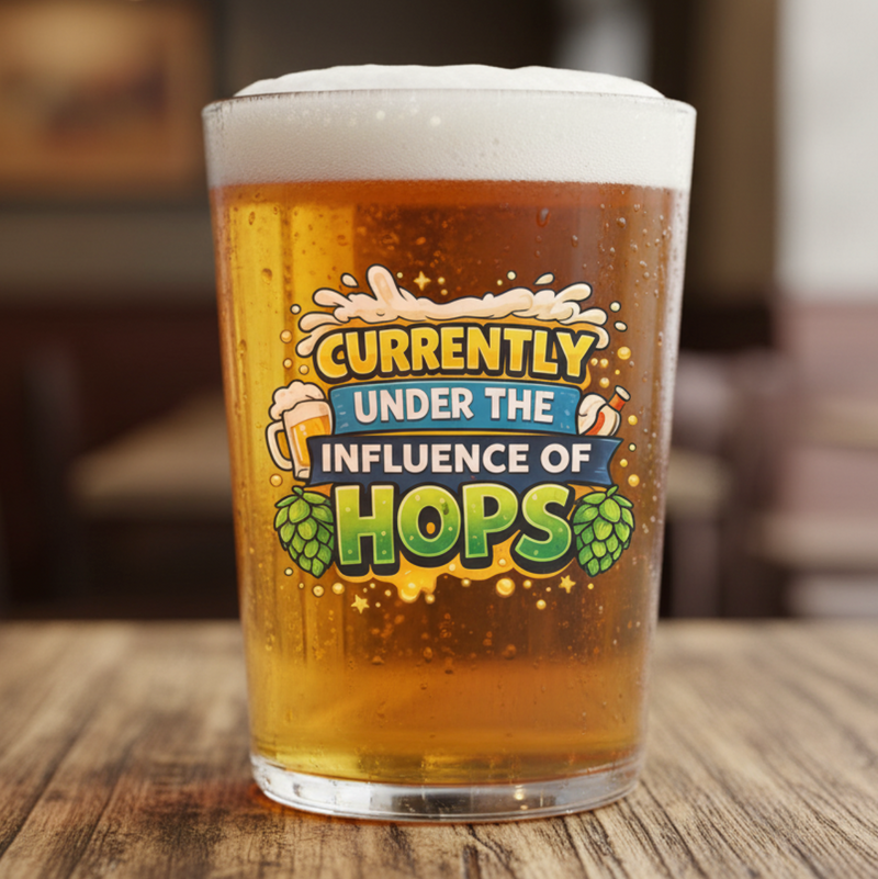 Currently Under the Influence of Hops Beer Glass – Funny Craft Beer Pint Glass FirstGlassDesigns