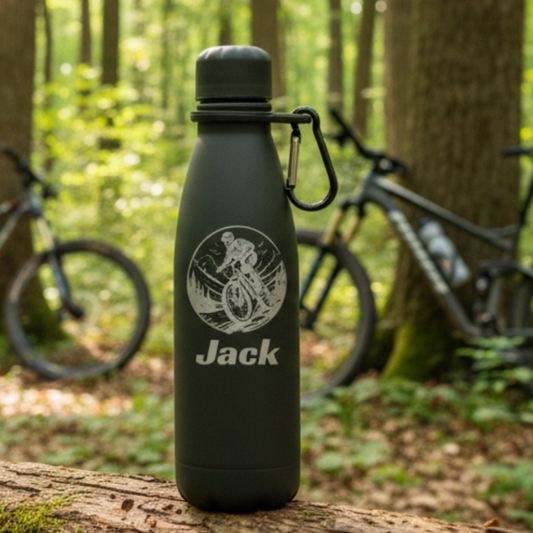 Personalised Mountain Bike Water (MTB) Thermal Water Bottle – Custom Name Sports Bottle with Carabiner