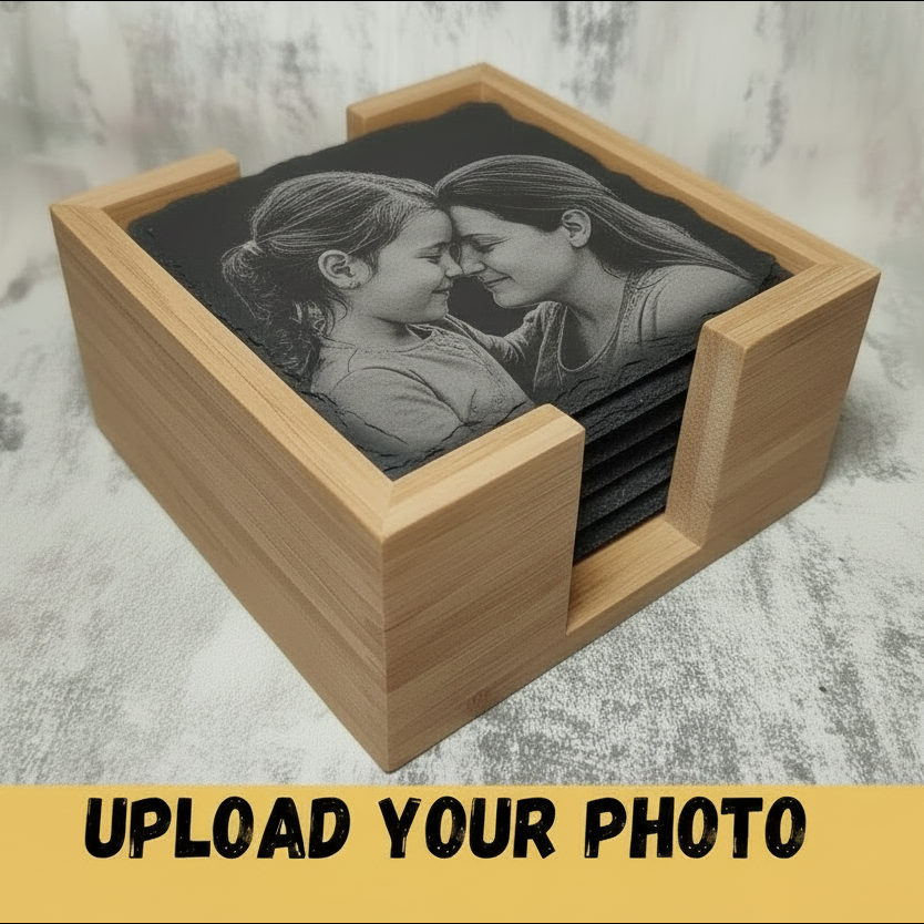 Personalised Photo Slate Coasters Pack of Six with Wooden Holder – Custom Home Bar Gift for Him or Her