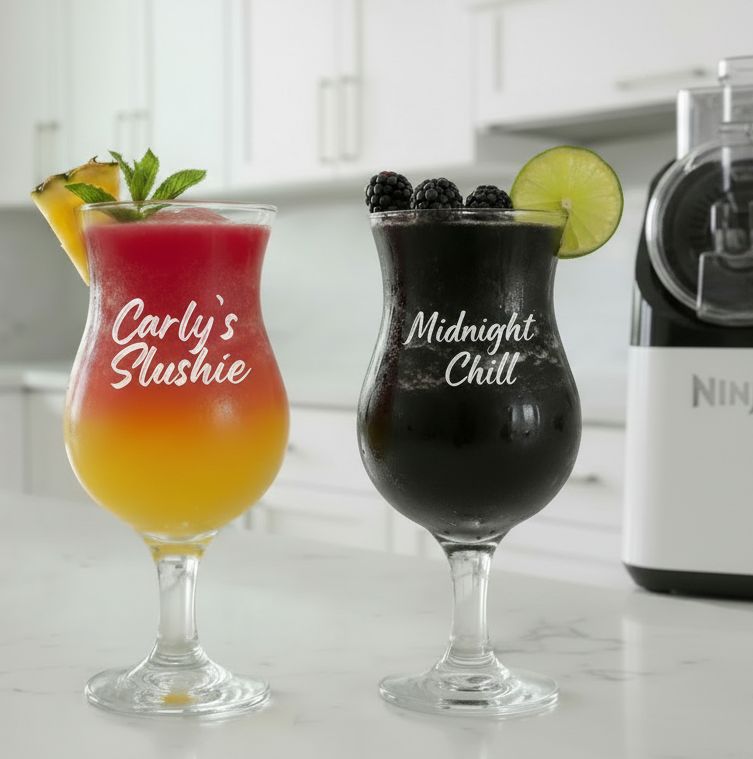 Close-up of custom engraving on personalised slushie glass