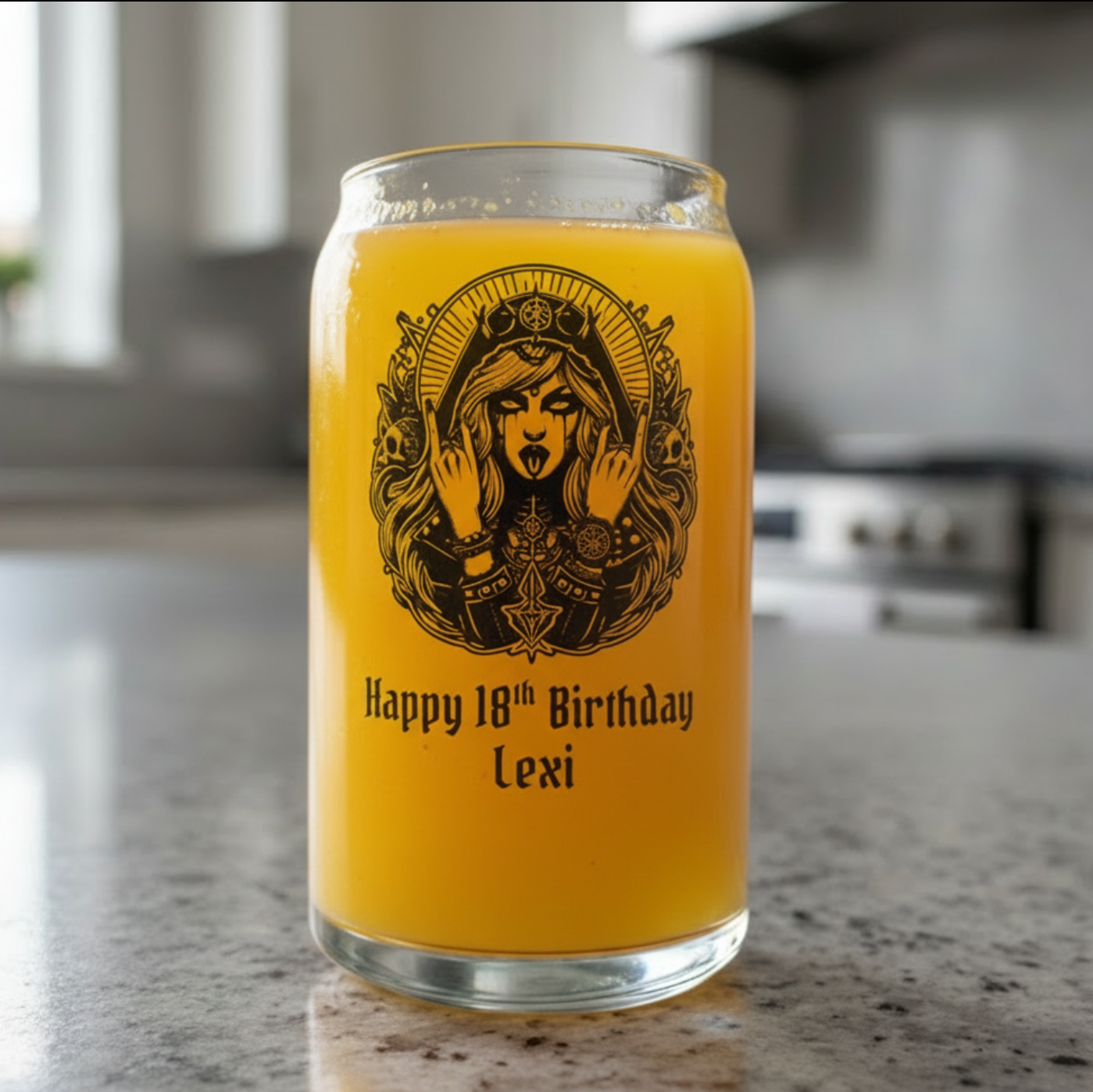 Personalised 18th birthday beer glass with custom name and mystical gothic goddess design filled with beer