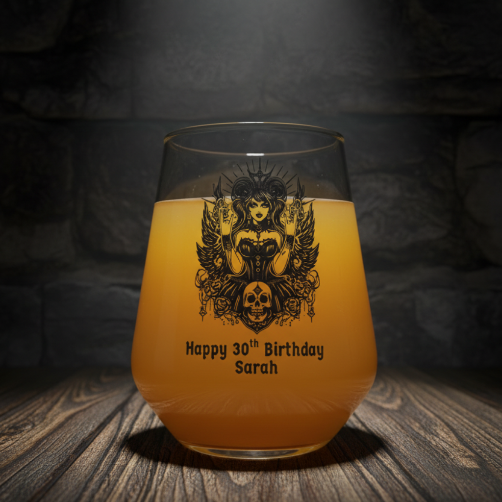 Personalised 30th birthday wine glass with hand-etched custom name and age, featuring gothic mystical goddess design with sun rays, protective wings, skull and rose decorations