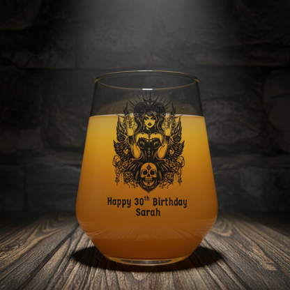 Personalised 30th birthday wine glass with hand-etched custom name and age, featuring gothic mystical goddess design with sun rays, protective wings, skull and rose decorations