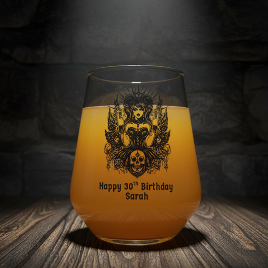 Personalised 30th birthday wine glass with hand-etched custom name and age, featuring gothic mystical goddess design with sun rays, protective wings, skull and rose decorations