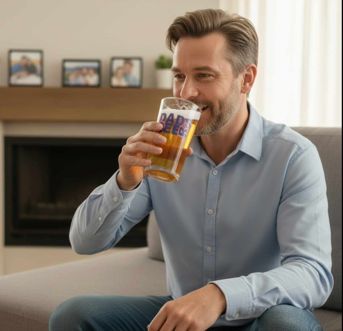 Man sitting on a couch holding a beer with 'Dad's Beer' text, in a cozy living room setting.