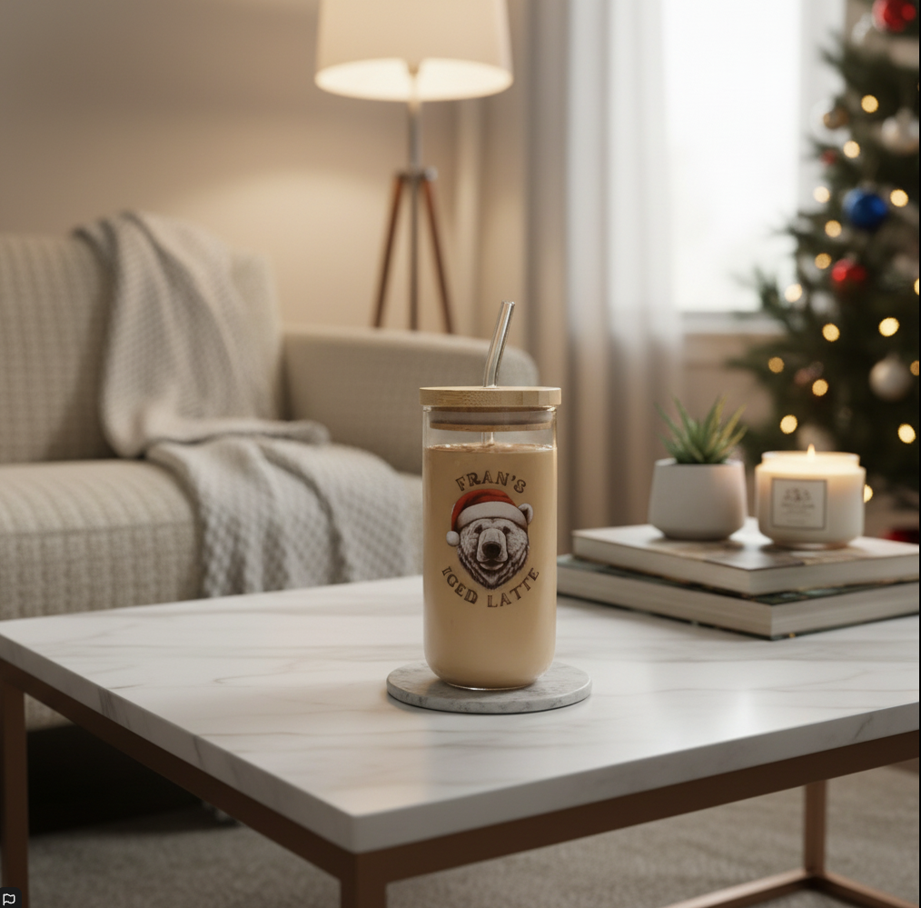 Personalised Christmas - Animal Themed Glass Can - 550ml Reusable Iced Coffee Cup with Lid & Straw - Perfect Secret Santa or Stocking Filler Gift