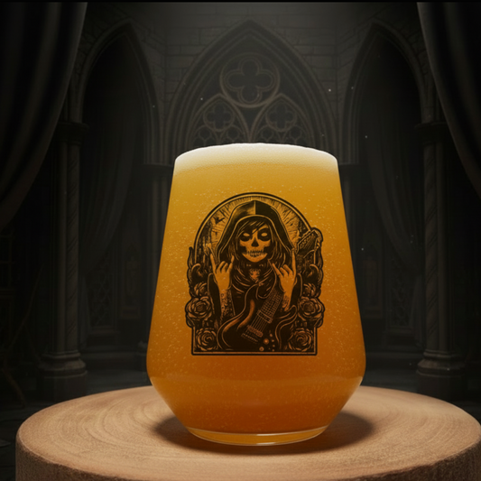 Personalised Gothic guitar girl glass with custom name, gothic birthday whiskey and beer glass