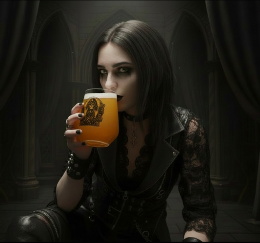 Custom personalised gothic guitar girl whiskey and beer glass with gothic rose design