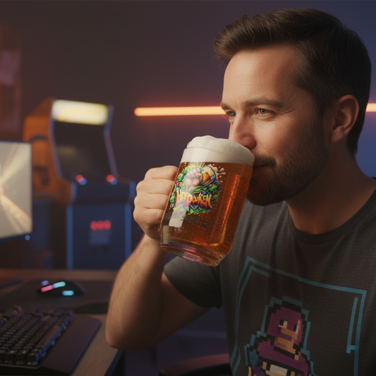 Hopdouken retro gaming beer glass showing full design detail — unique personalised gamer gift UK
