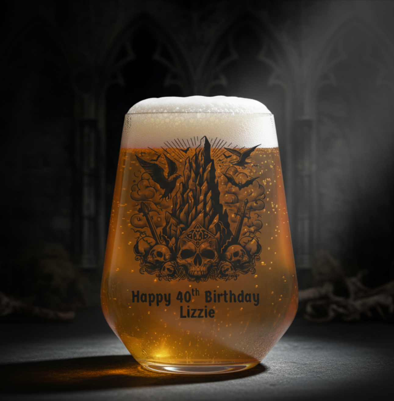 Clear glass with black skull design and text on a white background, option to add personalised text underneath the image