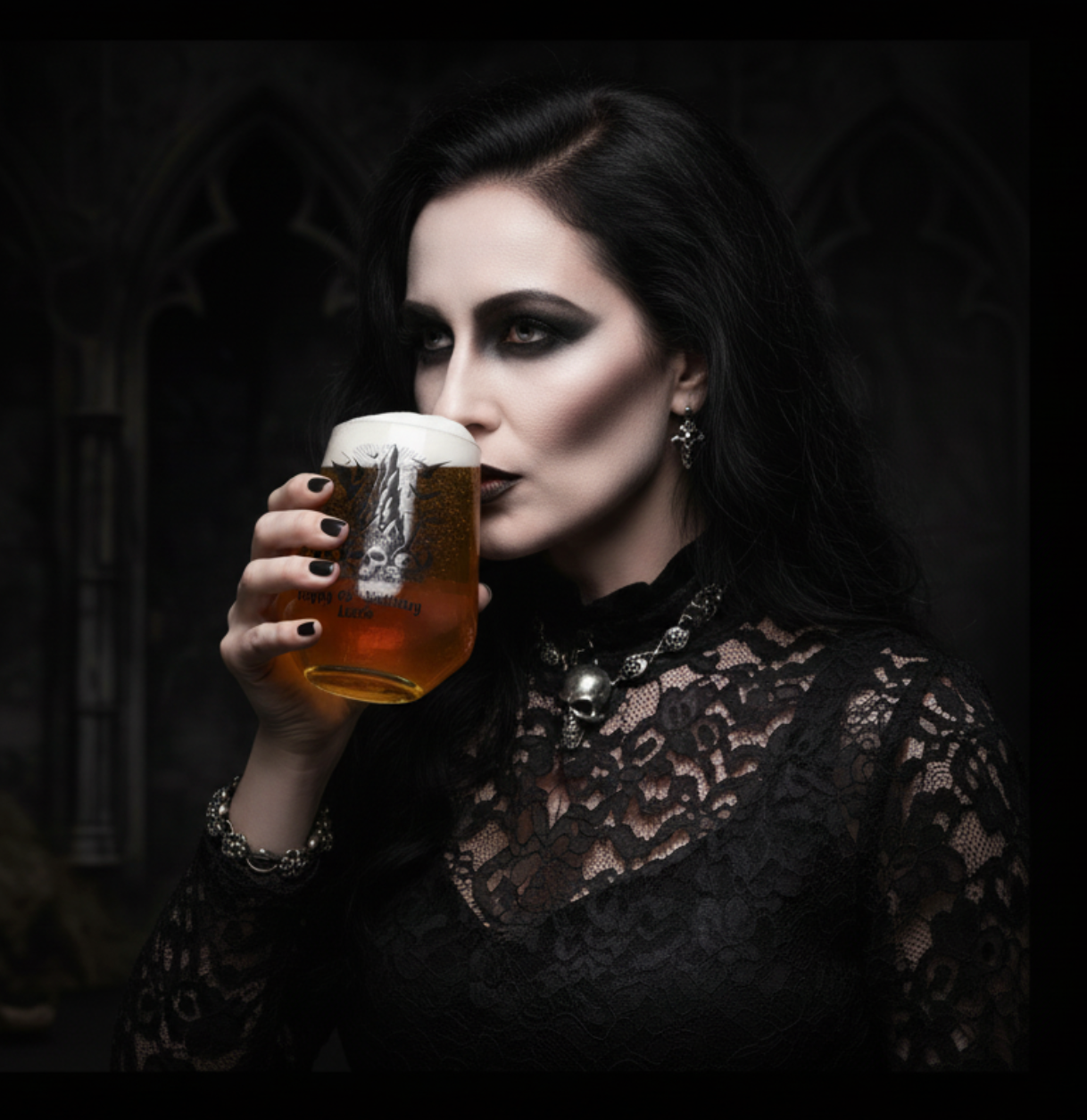 Clear glass with black skull design and text on a white background, option to add personalised text underneath the image