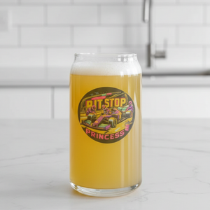 Pit Stop Princess personalised racing stemless wine glass — classic badge design