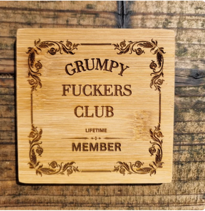 Grumpy F**kers Club Slate Coaster – Laser Engraved Drink Coaster with Floral Border – Funny Gift for Grumpy People, Sarcastic Decor for Home or Office First Glass Designs