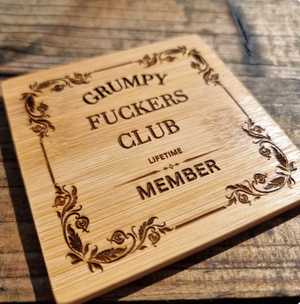 Grumpy F**kers Club Slate Coaster – Laser Engraved Drink Coaster with Floral Border – Funny Gift for Grumpy People, Sarcastic Decor for Home or Office First Glass Designs