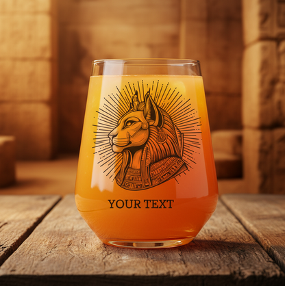 Personalised wine glass featuring Sekhmet, Egyptian lion-headed goddess, with radiating sun disk halo and ornate collar, custom text at base