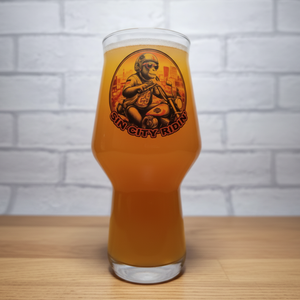 Sin City Ridin’ monkey glass custom printed with a biker chimp riding a motorcycle through a Vegas skyline