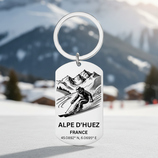 Alpe d'Huez skiing keyring with mountain skier design GPS coordinates laser engraved stainless steel