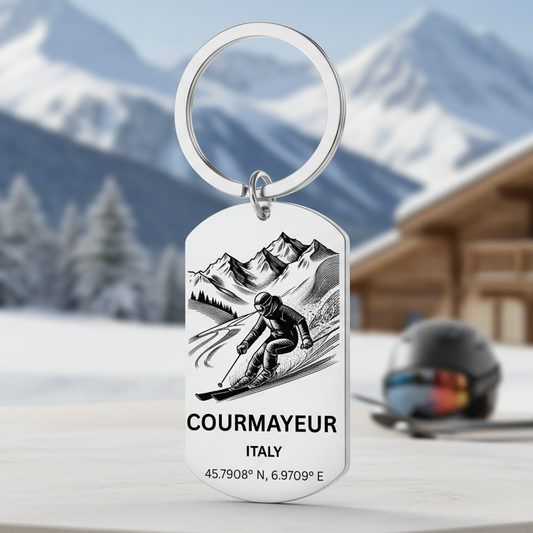 Courmayeur skiing keyring Italy with mountain skier GPS coordinates Mont Blanc laser engraved stainless steel