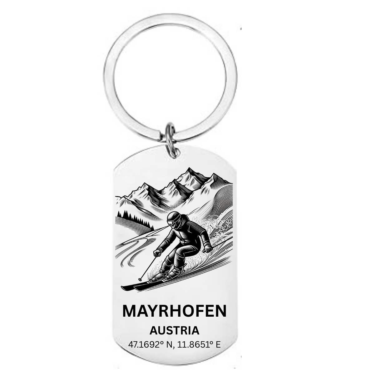 Mayrhofen skiing keyring Austria with mountain skier GPS coordinates Zillertal laser engraved stainless steel