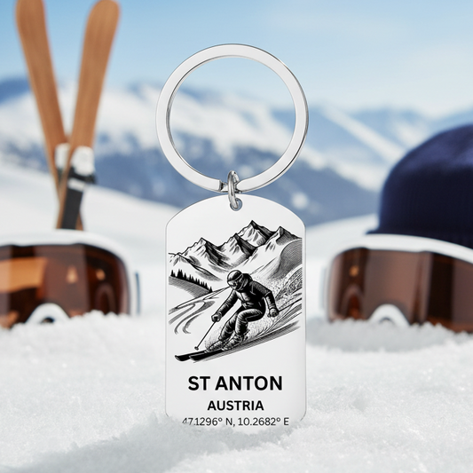 Keychain with a skier design and text 'St Anton Austria' on a stainless steel dogtag