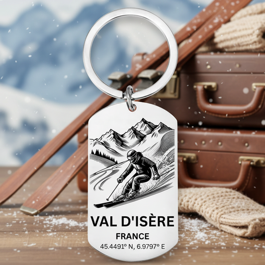 Val d'Isère skiing keyring France with mountain skier GPS coordinates Espace Killy laser engraved stainless steel