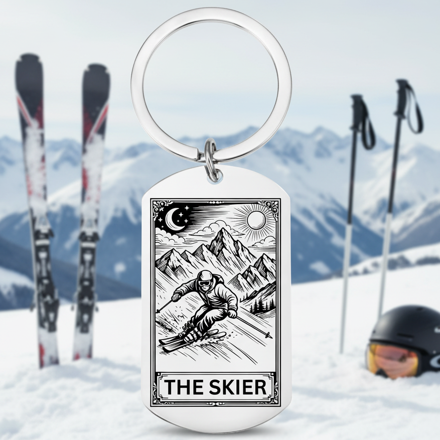 The Skier Tarot Card Keyring | Personalised Skiing Gift UK