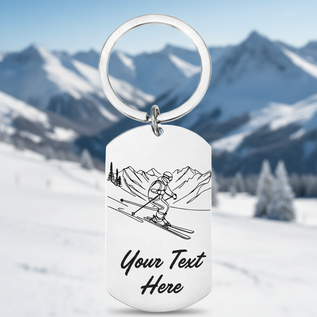 Keychain with a skiing design and 'Your Text Here' text on a white background