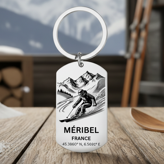 Mayrhofen skiing keyring Austria with mountain skier GPS coordinates Zillertal laser engraved stainless steel