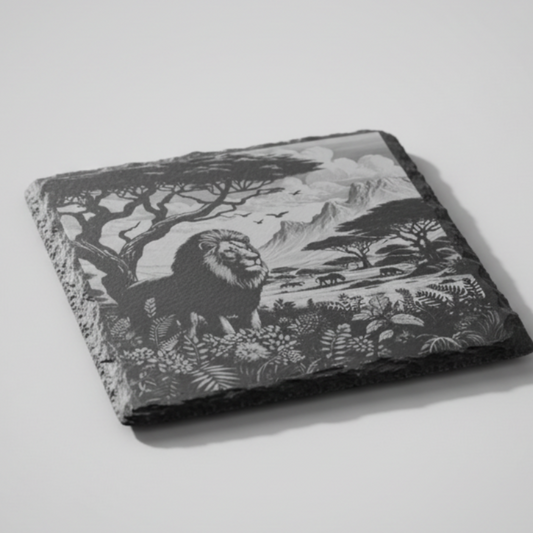 Slate coaster laser engraved with lion and African savanna landscape scene