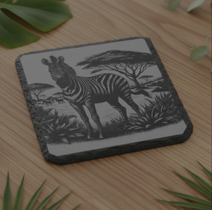 Slate coaster laser engraved with zebra and African savanna landscape scene