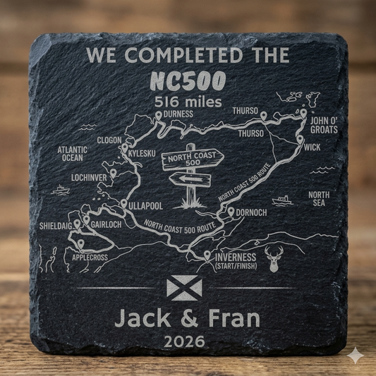 Personalised NC500 laser engraved natural slate coaster showing detailed North Coast 500 route map design with custom name and year