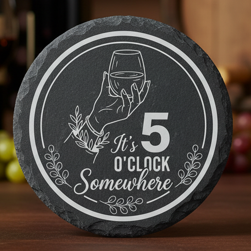 Laser engraved slate coaster with the quote “It’s 5 O’Clock Somewhere”.