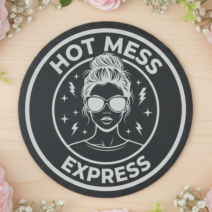 Laser engraved slate coaster with messy bun mum design and the text “Hot Mess Express”.