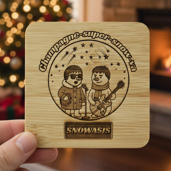 Personalised Christmas bamboo coaster with Gallagher-inspired snowmen and text “Champagne Super Snow-va” – novelty holiday gift. Snowasis