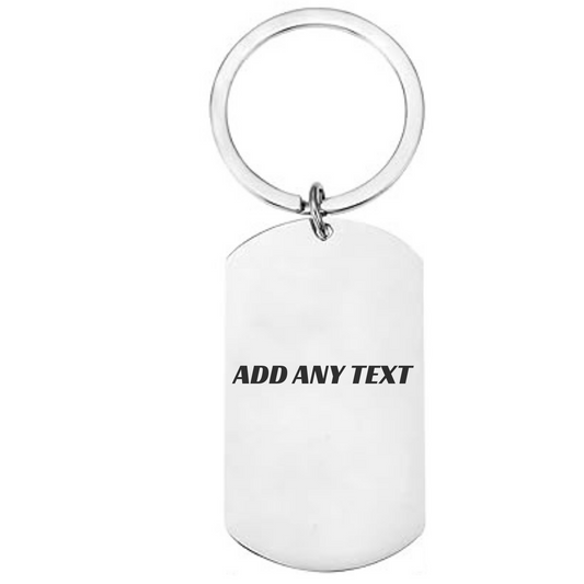 White keychain tag with 'ADD ANY TEXT' text on a white background