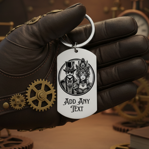 Steampunk Couple Keyring – Personalised Vintage Gears Dog Tag Gift First Glass Designs