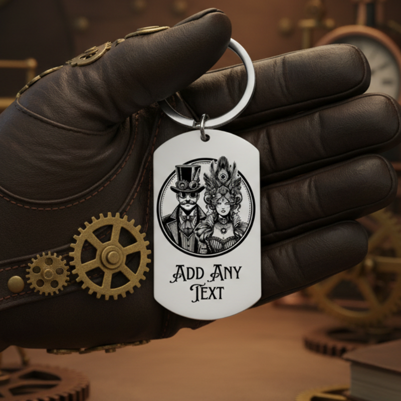Steampunk Couple Keyring – Personalised Vintage Gears Dog Tag Gift First Glass Designs