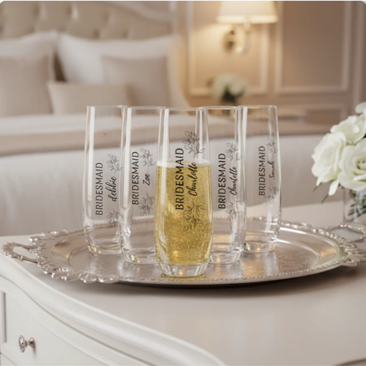 Bridal Party Personalised Stemless Champagne Couples Toasting Glassware - Bride, Bridesmaid, Maid Of Honour, Mother Of The Bride, Custom Wedding Glassware Gift