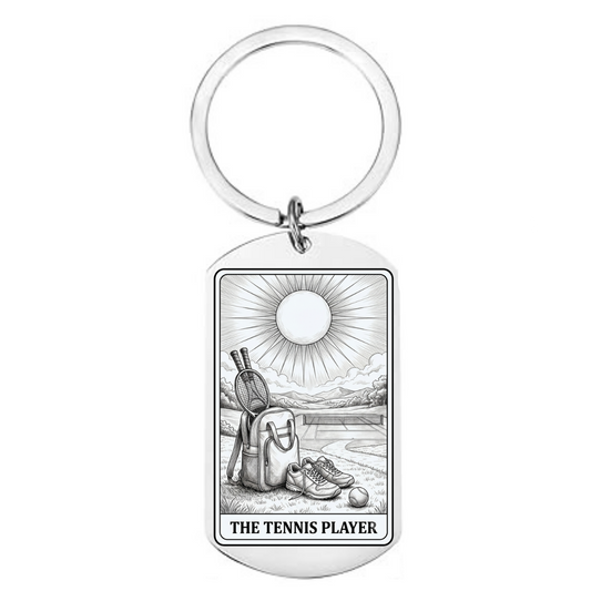 The Tennis Player Tarot Card Keyring showing vintage-style illustration front