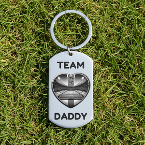 Team Daddy personalised stainless steel dog tag keyring featuring England rugby stadium heart design with St George cross and rose detail on white background, personalised Father's Day gift for rugby dads with custom engraving available on reverse