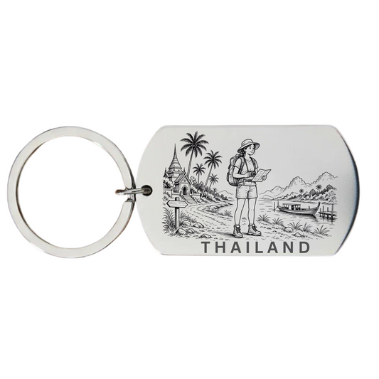 Thailand backpacker keyring laser engraved stainless steel dog tag with female backpacker temple and tropical scene on white background